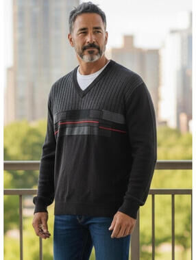 Arnold Palmer V-Neck Sweater Sz Lg 42-44, Navy Blue, Red & Grey, Classic, Sporty